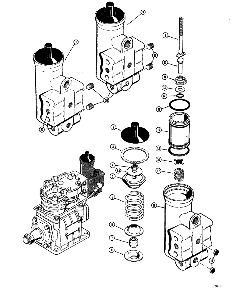 Схема запчастей Case W20 - (182) - AIR COMPRESSOR D66474 AND L32563 GOVERNORS (07) - BRAKES