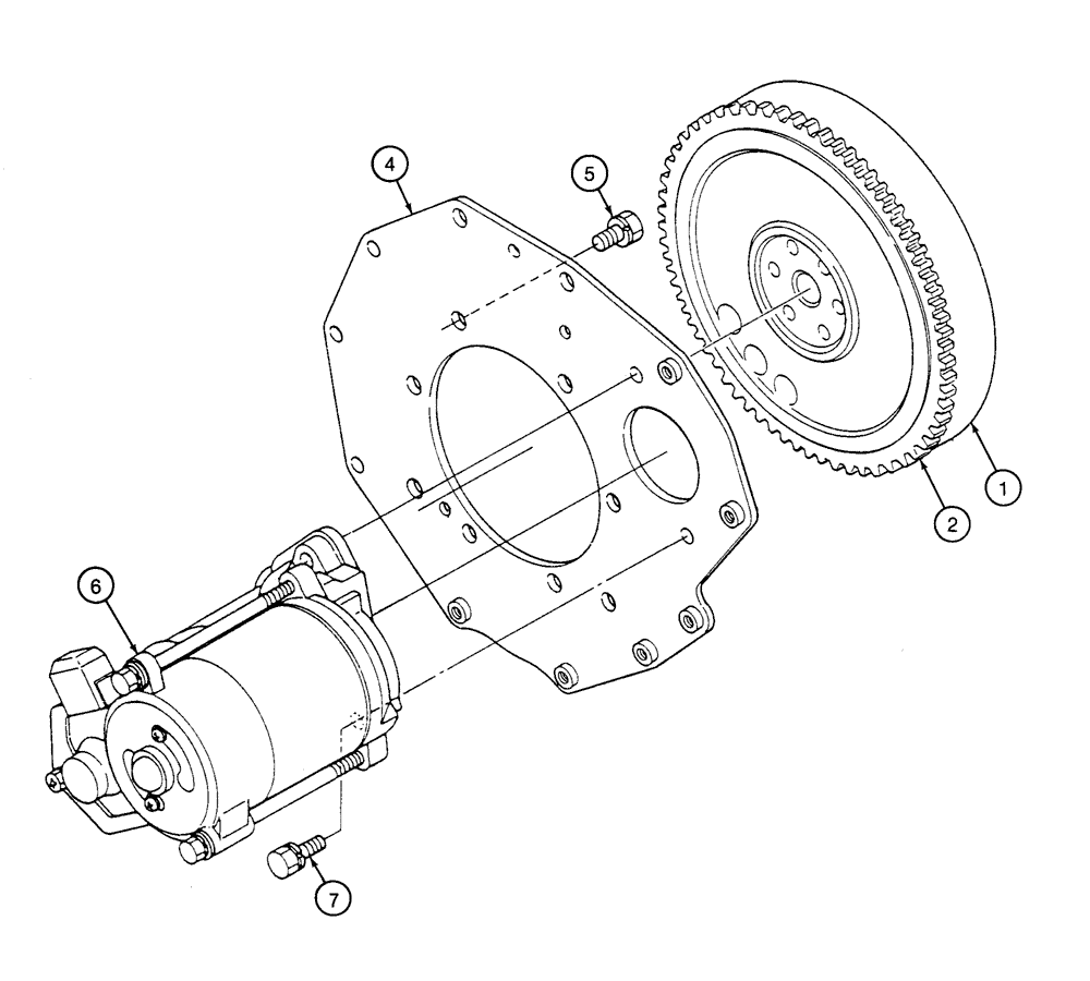 Схема запчастей Case 460 - (2-36) - FLYWHEEL AND STARTER MOTOR MOUNTING, KUBOTA V1505-B ENGINE, FLYWHEEL AND STARTER MOUNTING (02) - ENGINE