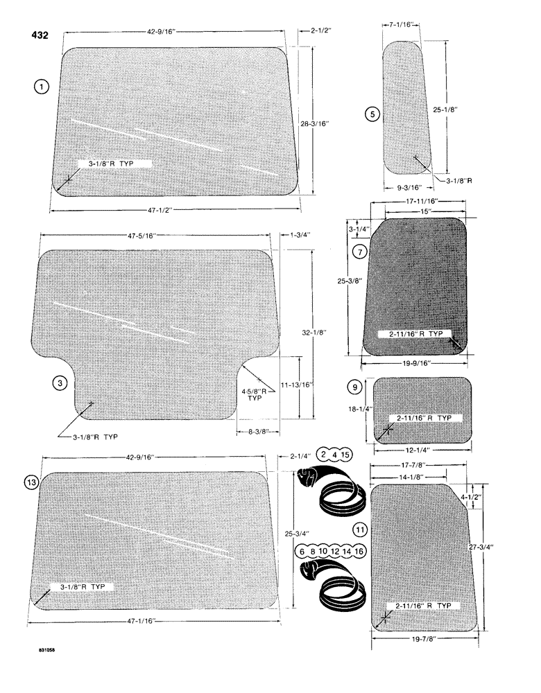 Схема запчастей Case 1155D - (432) - CAB GLASS, U.S. DIMENSIONS (09) - CHASSIS/ATTACHMENTS