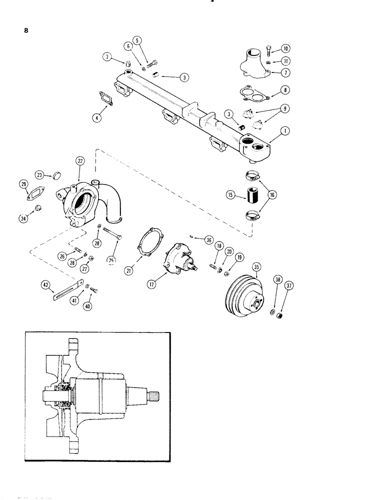 Схема запчастей Case 1150 - (008) - WATER PUMP AND MANIFOLD, (401B) DIESEL ENGINE (01) - ENGINE