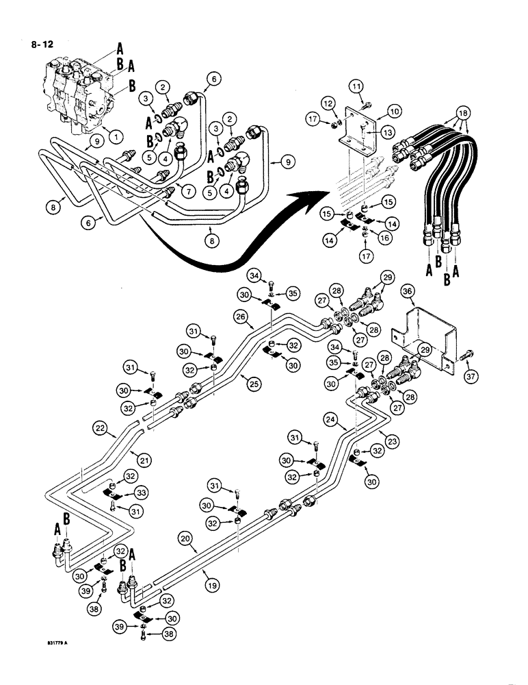 Схема запчастей Case 550 - (8-12) - DOZER TILT AND ANGLE HYDRAULIC CIRCUITS, CONTROL VALVE TO GRILLE (08) - HYDRAULICS