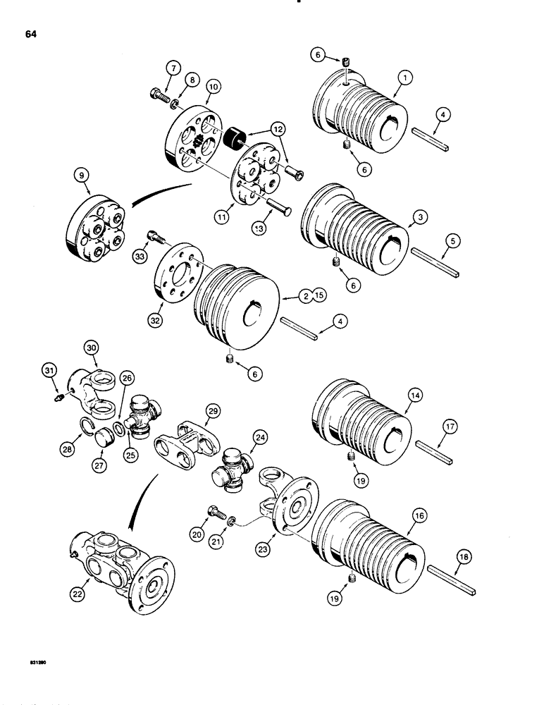 Схема запчастей Case P60 - (064) - ENGINE DRIVE SHEAVE AND PUMP COUPLING, FLEX COUPLING PUMP DRIVE (29) - HYDROSTATIC DRIVE