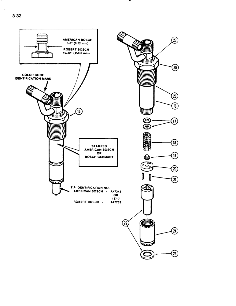 Схема запчастей Case W18B - (3-32) - FUEL INJECTOR NOZZLE, 504BD AND 504BDT ENGINE, BLUE COLOR CODE IDENTIFICATION (03) - FUEL SYSTEM