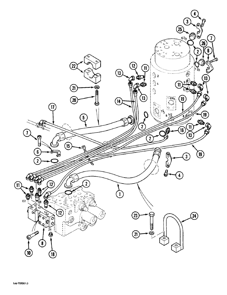 Схема запчастей Case 1088 - (7-08) - TURNTABLE LEVELER TRACK DRIVE CONTROL CIRCUIT, PRESSURE AND RETURN LINES P.I.N. FROM 106901 & AFTER (07) - BRAKES