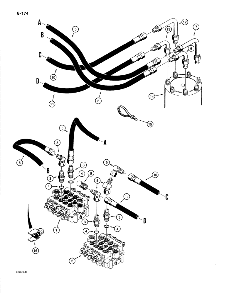 Схема запчастей Case 1187B - (6-174) - TRACK DRIVE HYDRAULIC CIRCUIT - UPPER, VALVES TO HYDRAULIC SWIVEL (06) - POWER TRAIN