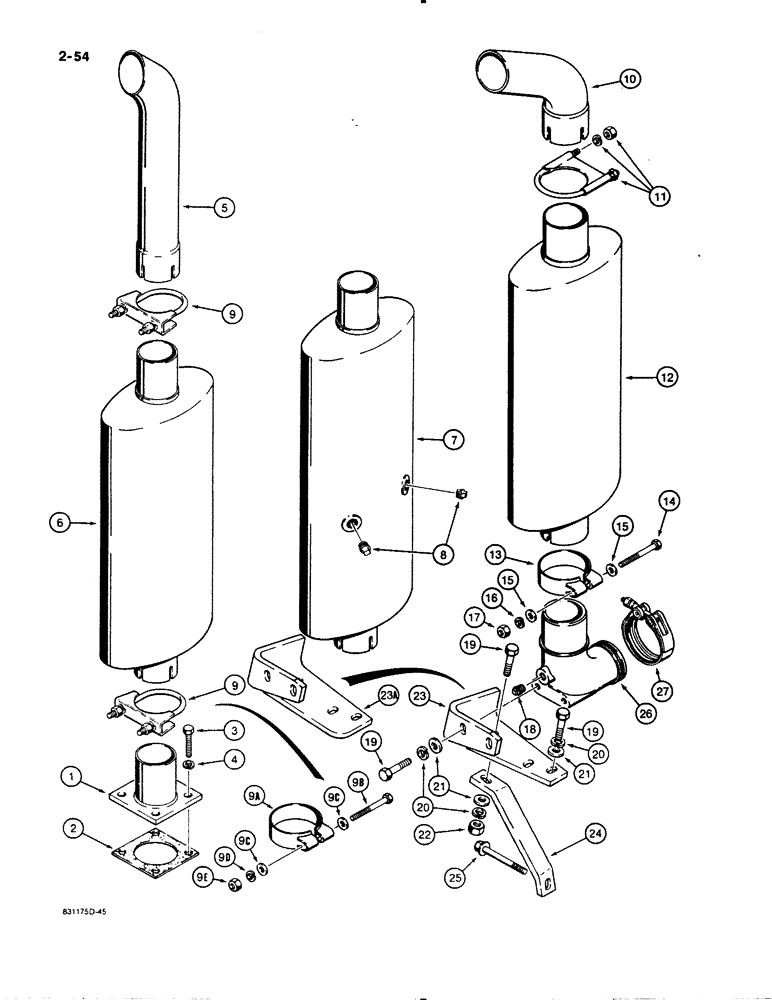 Схема запчастей Case W11B - (2-054) - MUFFLER AND EXHAUST SYSTEM, USED ON MODELS WITHOUT (02) - ENGINE
