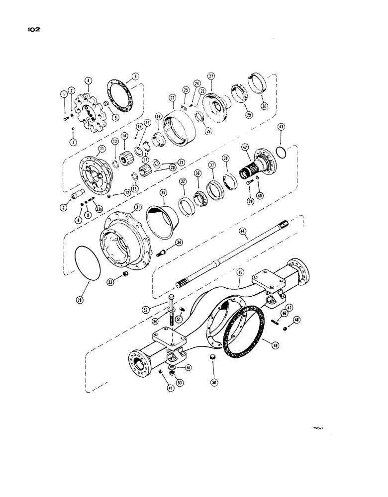 Схема запчастей Case W24 - (102) - REAR AXLE AND PLANETARY, BEFORE TRACTOR SN. 9105061 (06) - POWER TRAIN