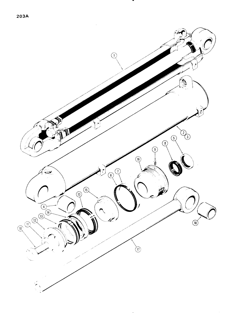 Схема запчастей Case 1150 - (203A) - LOADER BUCKET CYLINDER, 1ST USED TRAC. SER. #7300094, 5" I.D. X 30-1/2" STROKE (07) - HYDRAULIC SYSTEM