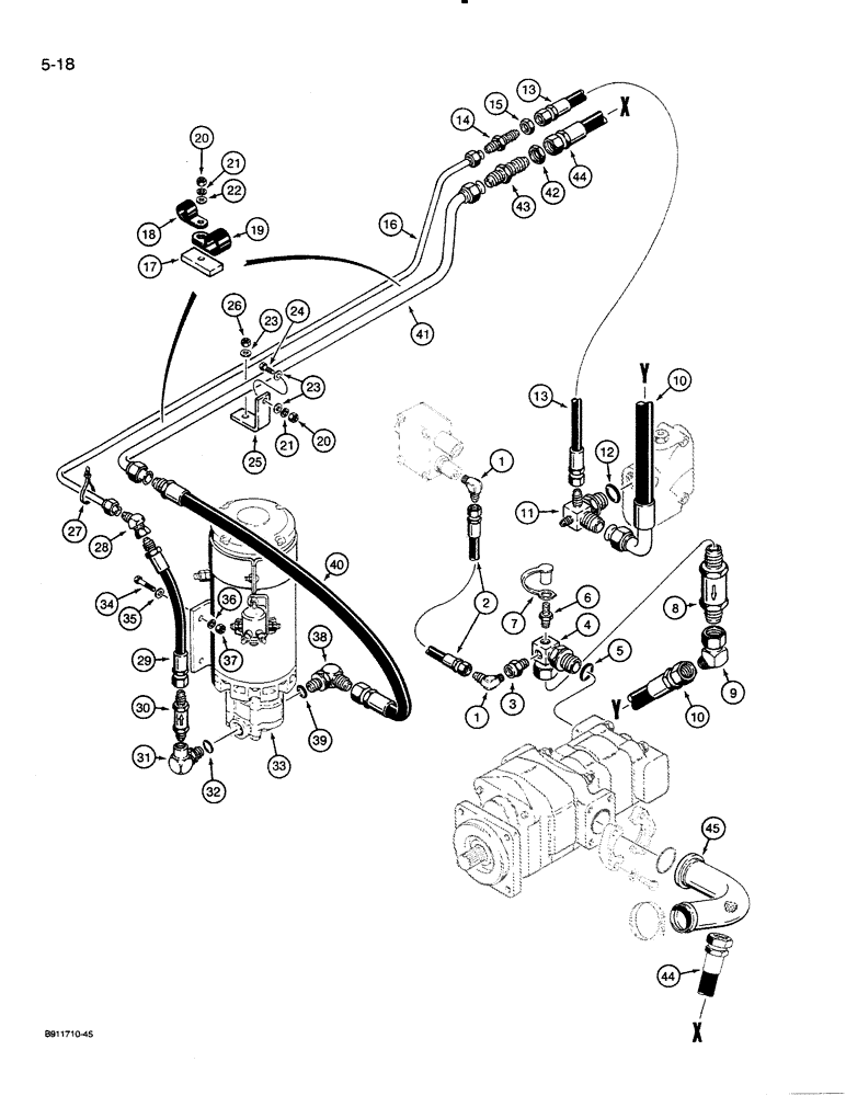 Схема запчастей Case 821 - (5-018) - AUXILIARY STEERING HYDRAULIC CIRCUIT, P.I.N. JAK0024165 AND AFTER (05) - STEERING