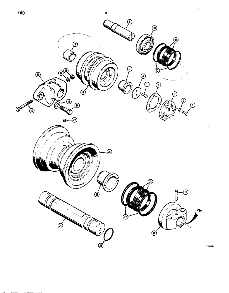 Схема запчастей Case 850B - (180) - R33965 TRACK CARRIER ROLLER, FOR IDENTIFICATION - SEE ITEM 3 OF ILLUSTRATION (04) - UNDERCARRIAGE