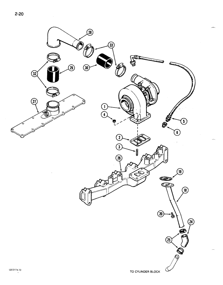 Схема запчастей Case 1085B - (2-020) - TURBOCHARGER SYSTEM, 6T-590 ENGINE (02) - ENGINE