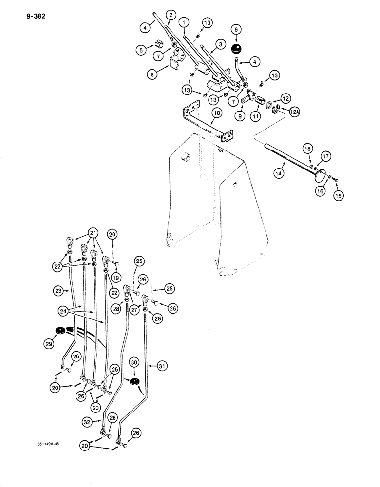 Схема запчастей Case 680K - (9-382) - BACKHOE CONTROLS WITH FOOT SWING, STABILIZER, BOOM, DIPPER AND BUCKET CONTROL LEVERS AND LINKAGE (09) - CHASSIS/ATTACHMENTS