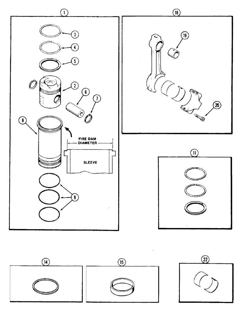 Схема запчастей Case 475 - (024) - PISTONS AND SLEEVES, WITH 5.189" TO 5.194" FIRE DAM DIAMETER SLEVE 336BD DIESEL ENGINE (10) - ENGINE