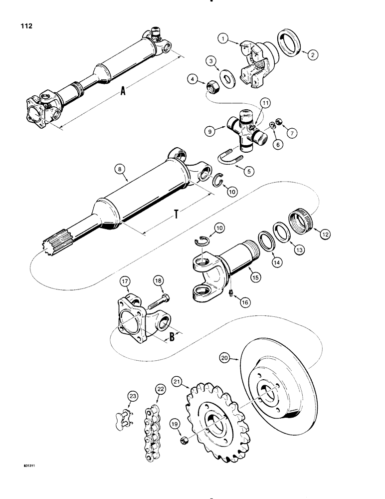 Схема запчастей Case P60 - (112) - DRIVE SHAFT AND DISC BRAKE, MODELS WITH CHAIN DRIVE TRANSMISSION (21) - TRANSMISSION