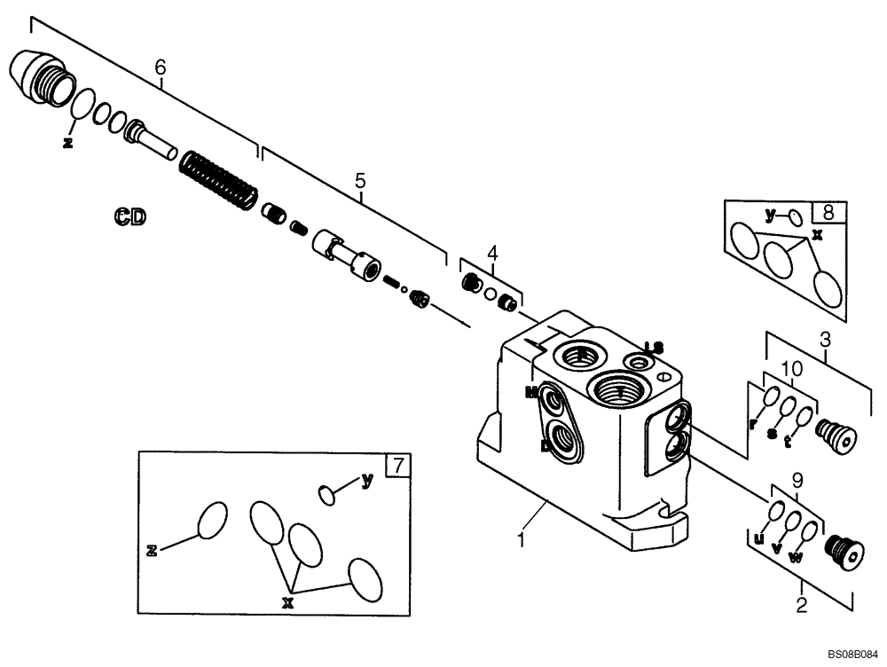 Схема запчастей Case 590SM - (08-35A[01]) - VALVE SECTION - INLET, 2 OR 3 SPOOL VALVES (VARIABLE VOLUME PUMP MODELS) (590SM+) (08) - HYDRAULICS