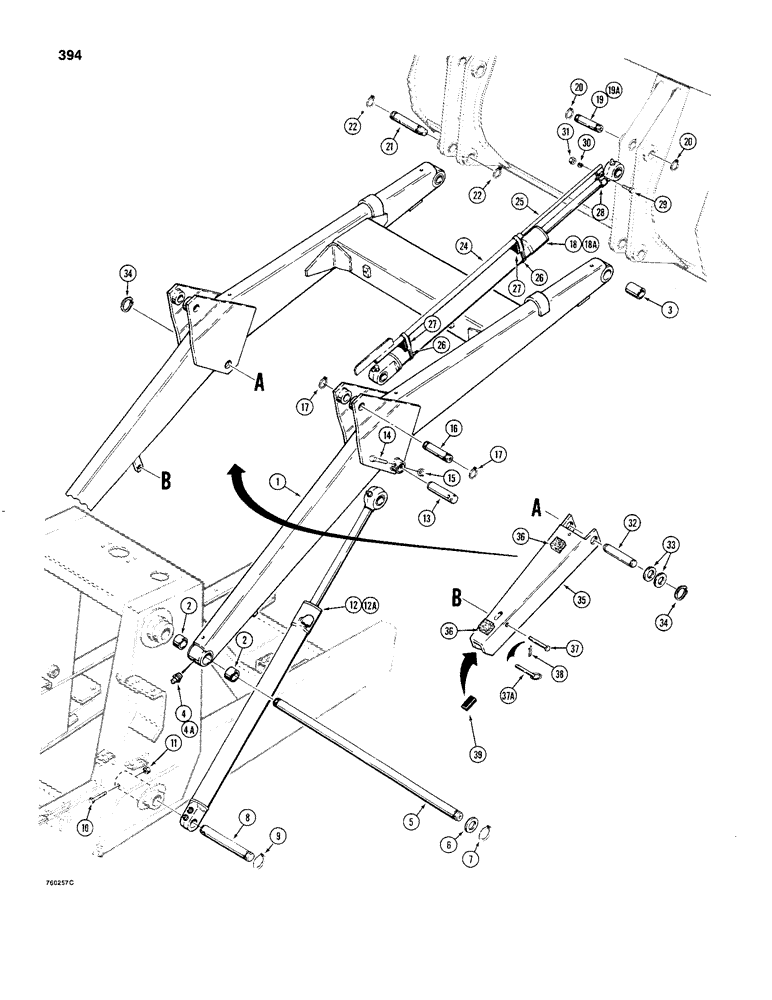 Схема запчастей Case 480C - (392) - LOADER LIFT FRAME AND RELATED PARTS (84) - BOOMS, DIPPERS & BUCKETS