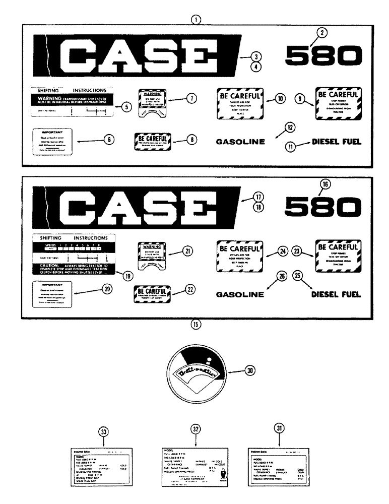 Схема запчастей Case 580 - (172) - DECALS, USED PRIOR TO TRAC. SER. NO. 8656686 (90) - PLATFORM, CAB, BODYWORK AND DECALS
