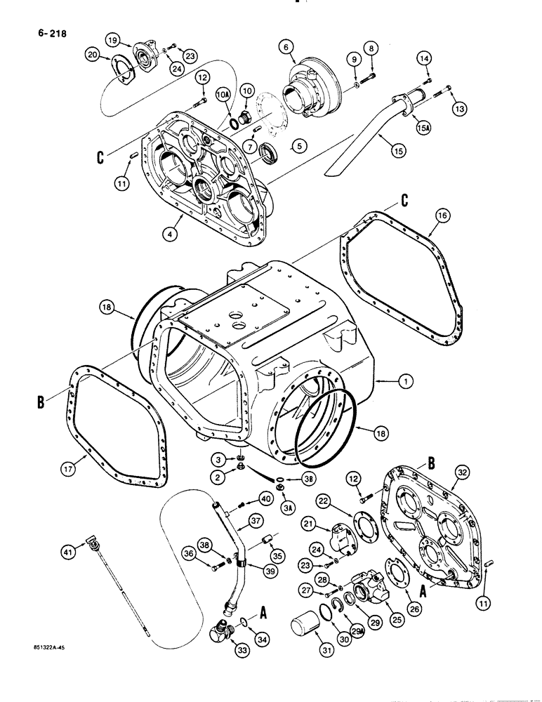 Схема запчастей Case 1450B - (6-218) - TRANSMISSION HOUSING, COVERS, AND DIPSTICK, MODELS WITH FILL TUBE ON REAR COVER, IF USED (06) - POWER TRAIN