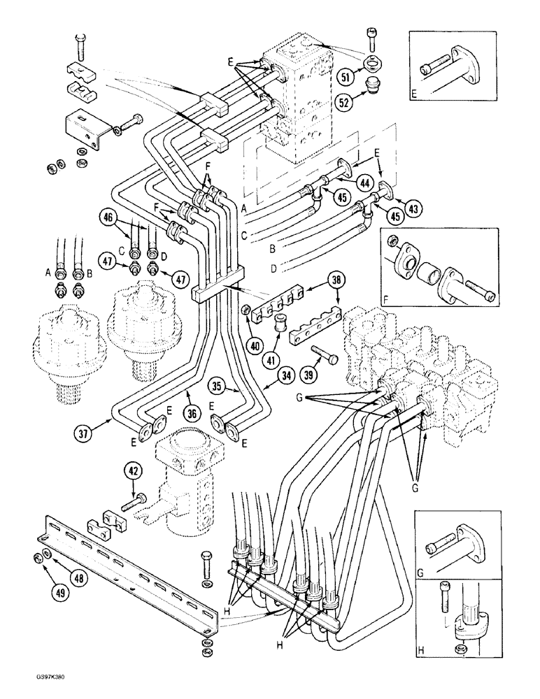 Схема запчастей Case 170C - (8-060) - HYDRAULIC CIRCUIT FROM MAIN CONTROL VALVES, TO SWIVEL, SWING MOTORS & CYLINDERS,P.I.N. 74501 - 74643 (08) - HYDRAULICS