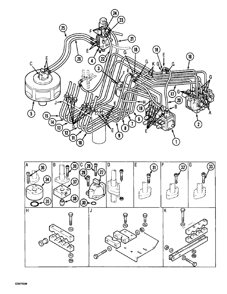 Схема запчастей Case 220B - (8-074) - HYDRAULIC CIRCUIT FROM SWING & DRIVE CONTROL VALVES, P.I.N. 74441 THRU 74597, P.I.N. 03201 AND AFTER (08) - HYDRAULICS