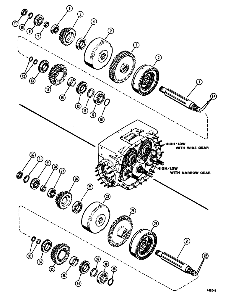 Схема запчастей Case 475 - (086) - TRANSMISSION HIGH AND LOW CLUTCH SHAFTS, L.H. CLUTCH AND SHAFT (21) - TRANSMISSION