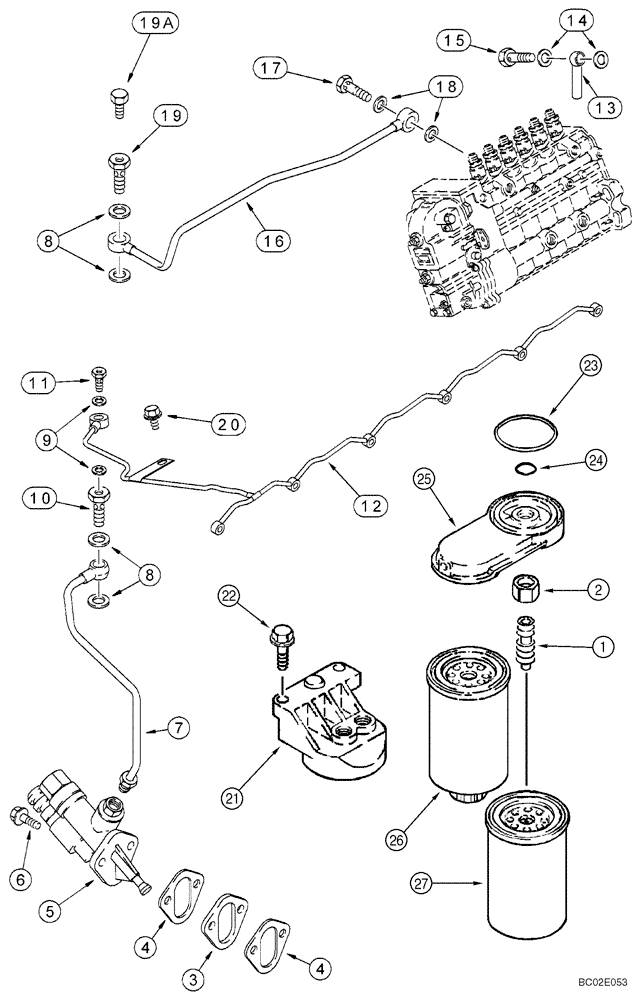 Схема запчастей Case 650K - (03-06) - FUEL FILTER - PUMP, TRANSFER, 6T-590 EMISSIONS CERTIFIED ENGINE (03) - FUEL SYSTEM