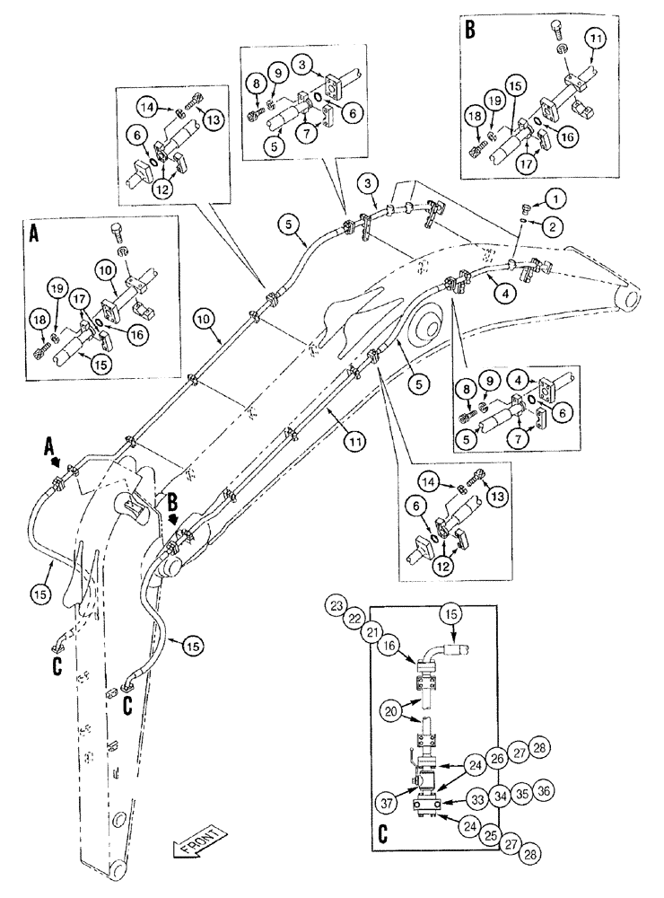Схема запчастей Case 9050B - (8-134) - AUX. EQUIPMENT OPTIONS-SUPPLY & CYLINDER LINE, 2.63, 3.23 OR 4.03 METER ARM, PIN EAC0501270 & AFTER (08) - HYDRAULICS