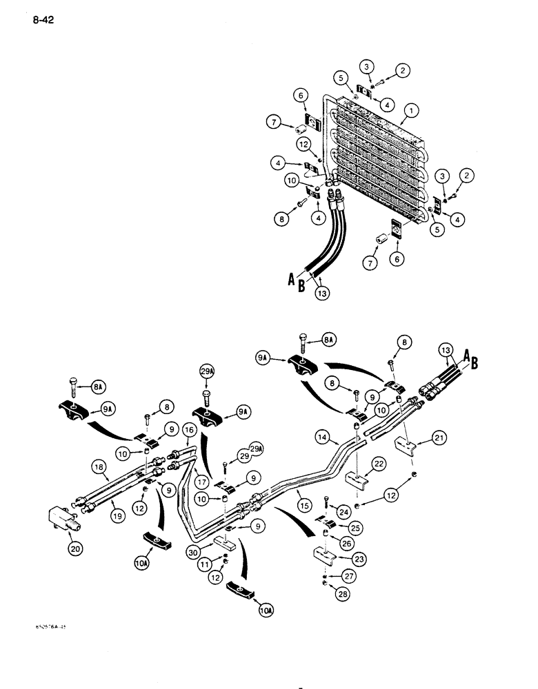 Схема запчастей Case 855D - (8-042) - BACKHOE HYDRAULIC CIRCUIT, COOLING SYSTEM, BOTH HOSE CONNECTIONS ON LEFT END OF COOLER, IF USED (08) - HYDRAULICS