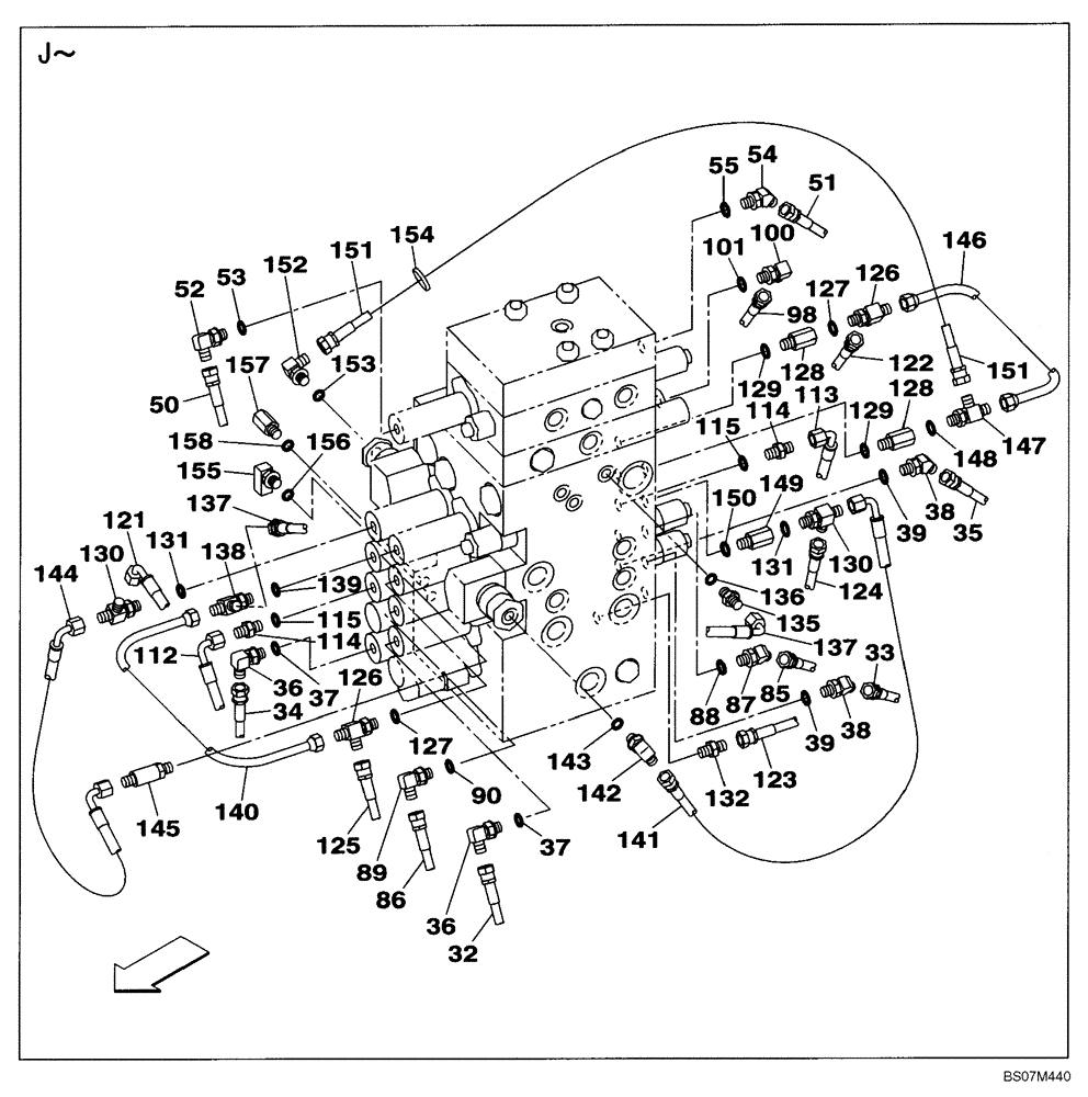 Схема запчастей Case CX135SR - (08-90[05]) - PILOT CONTROL LINES, CONTROL VALVE - MODELS WITH DOZER BLADE (08) - HYDRAULICS