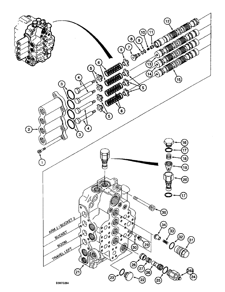 Схема запчастей Case 9045B - (8-096) - HYDRAULIC CONTROL VALVE COMPONENTS, FOUR SPOOL VALVE SECTION, SPOOLS AND COVERS (08) - HYDRAULICS