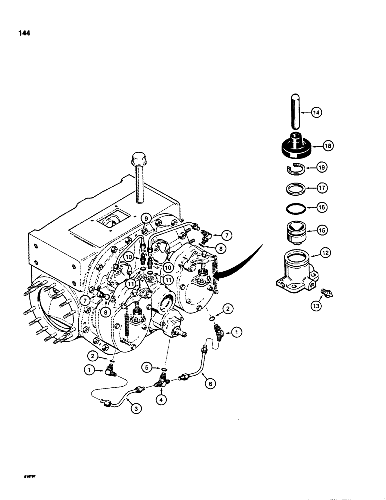 Схема запчастей Case 855C - (144) - TRANSMISSION BRAKE HYDRAULIC LINES AND, BRAKE CYLINDER (03) - TRANSMISSION