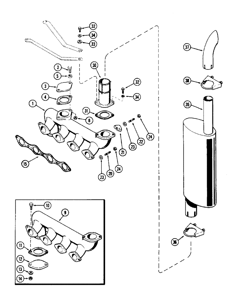 Схема запчастей Case 580B - (019A) - EXHAUST MANIFOLD, (188) DIESEL ENGINE (02) - ENGINE
