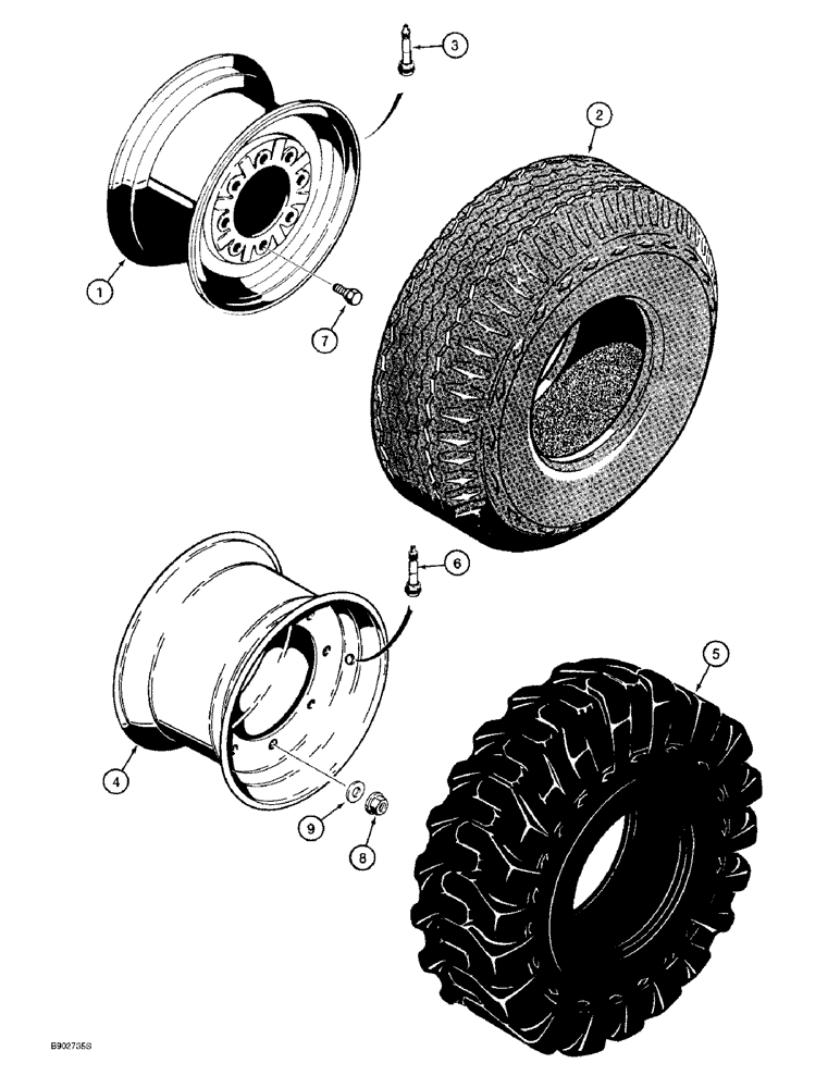 Схема запчастей Case 590L - (5-18) - FRONT WHEELS AND TIRES, FOR 14 X 17.5 - 16 PLY TIRES, TWO WHEEL DRIVE MODELS (05) - STEERING