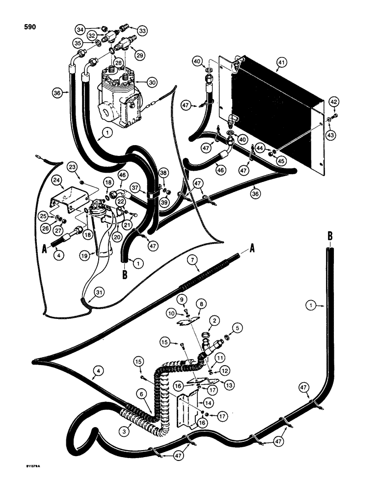 Схема запчастей Case 580SD - (590) - AIR CONDITIONING LINES, WITH HOSES UNDER RIGHT-HAND FENDER (09) - CHASSIS/ATTACHMENTS