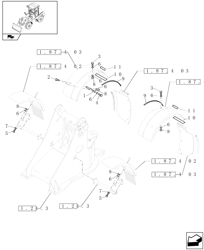 Схема запчастей Case 21E - (1.87.4[01]) - FRONT AND REAR WHEEL GUARD, UP TO DATE MAR 14, 2013 (08) - SHEET METAL/DECALS