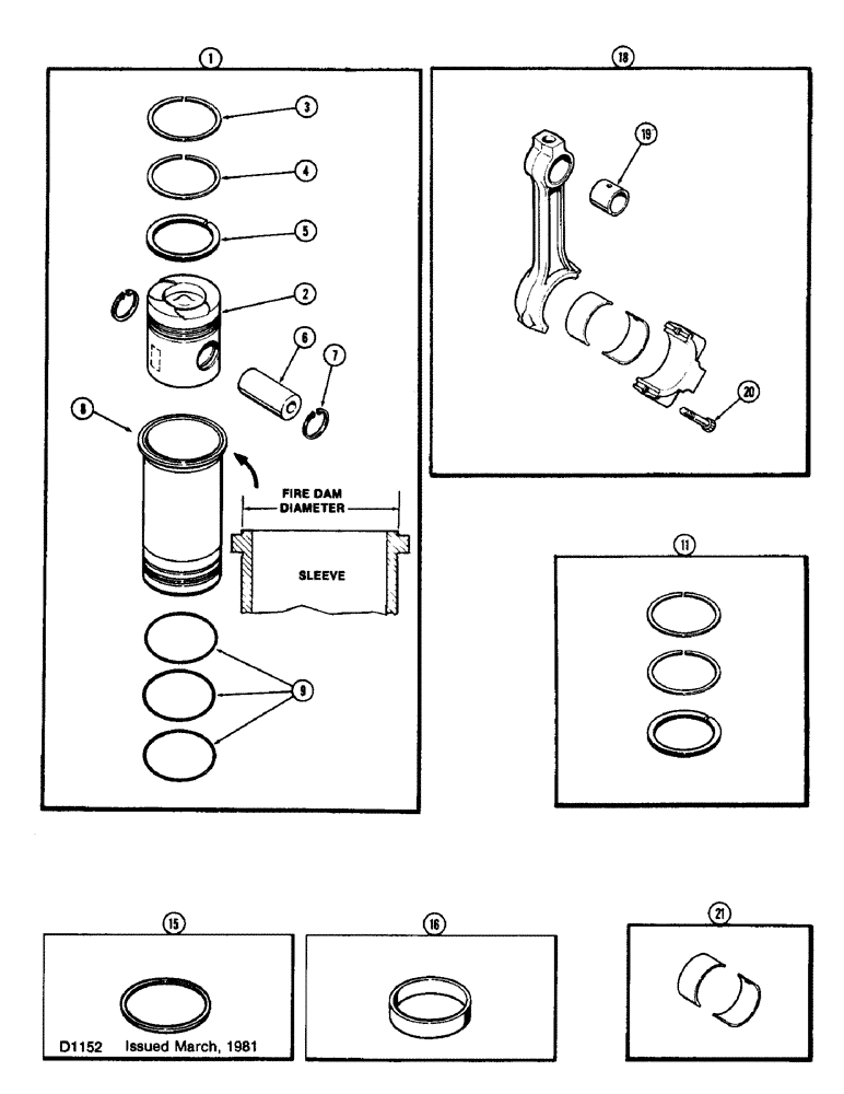 Схема запчастей Case 825 - (037A) - PISTONS AND SLEEVES, WITH 5.189 INCH TO 5.194 INCH FIRE DAM DIAMETER SLEEVE, (336BDT) DIESEL ENGINE (01) - ENGINE
