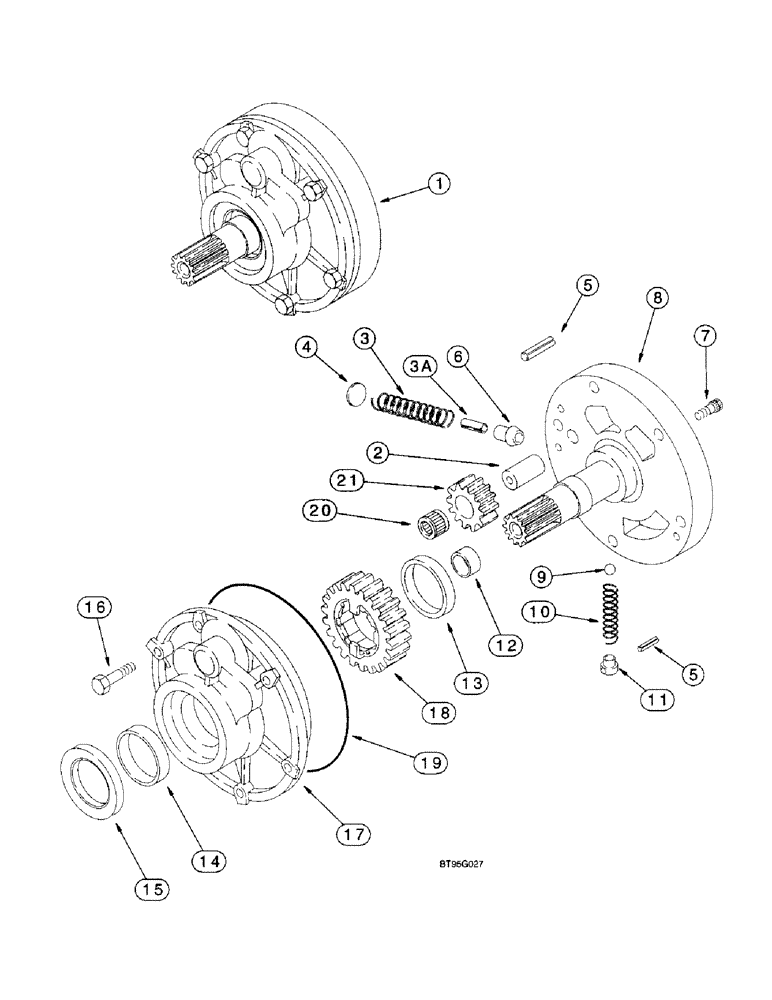 Схема запчастей Case 580L - (6-038) - TRANSMISSION ASSEMBLY, OIL PUMP, TWO WHEEL OR FOUR WHEEL DRIVE (06) - POWER TRAIN
