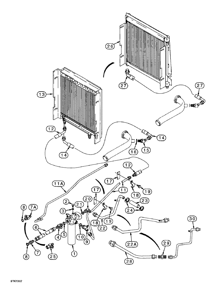 Схема запчастей Case 580SL - (8-008) - EQUIPMENT HYDRAULIC SYSTEM, OIL COOLER LINES, RETURN LINES, AND FILTER (08) - HYDRAULICS