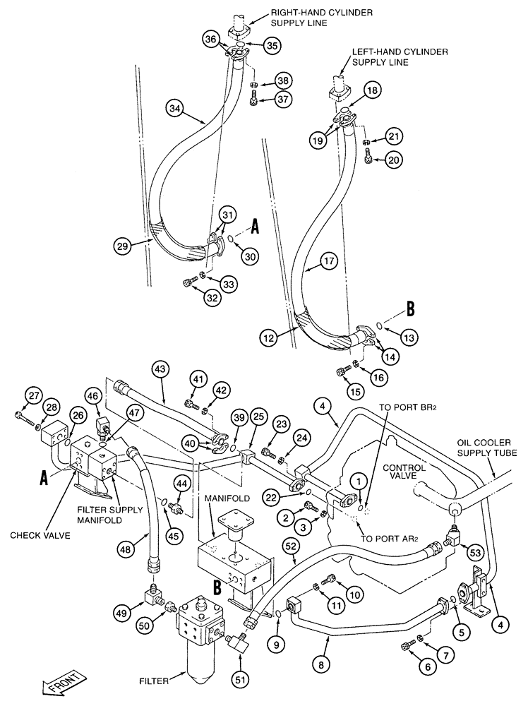 Схема запчастей Case 9050B - (8-108) - DOUBLE ACTION AUXILIARY EQUIPMENT OPTION, CYLINDER SUPPLY & RELIEF LINE, L.H. SUPPLY LINE (08) - HYDRAULICS