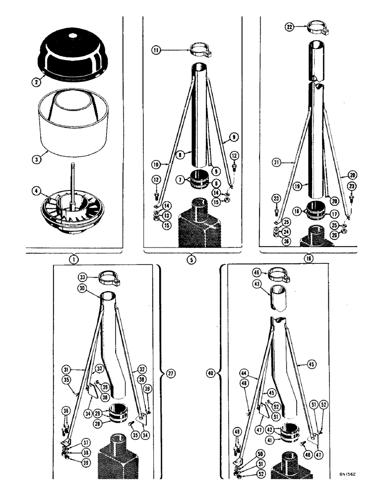 Схема запчастей Case 1000 - (044) - AIR CLEANER EXTENSIONS AND PRE-CLEANERS (01) - ENGINE