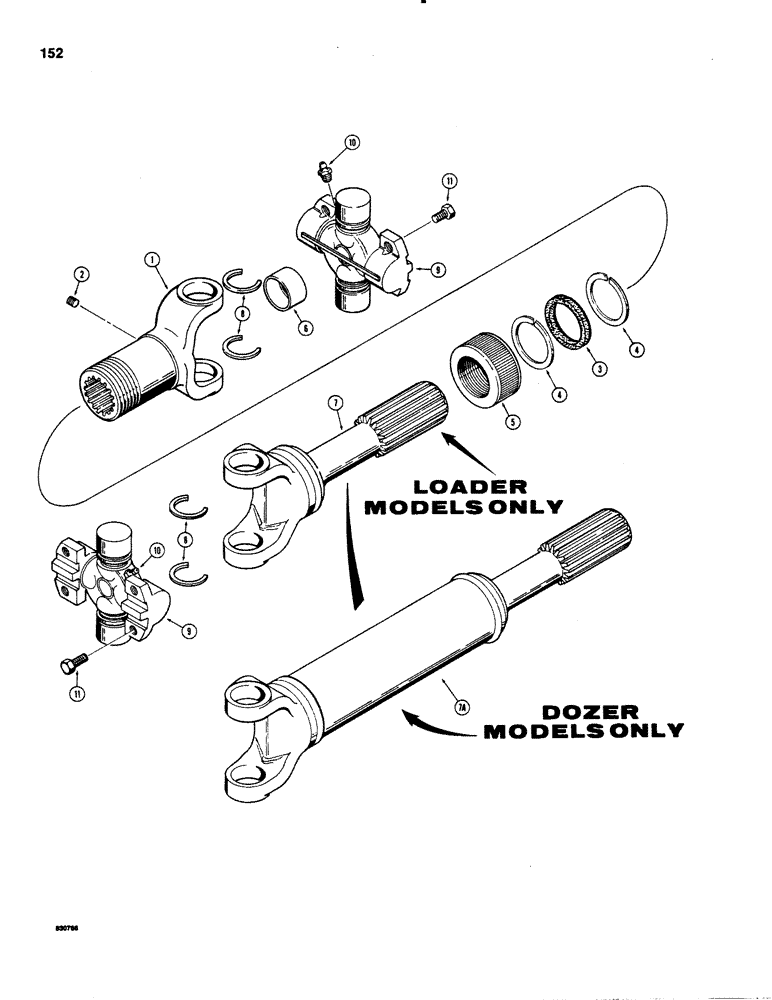 Схема запчастей Case 1150C - (152) - DRIVE SHAFT - DOZER AND DRAWBAR MODELS, SEE ITEM 9 FOR I.D. (06) - POWER TRAIN