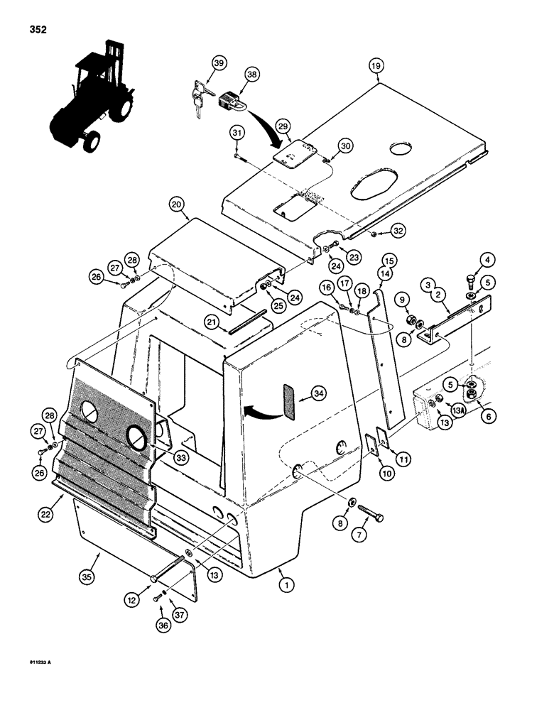 Схема запчастей Case 585D - (352) - HOOD, GRILLE, AND RADIATOR SHROUD (90) - PLATFORM, CAB, BODYWORK AND DECALS