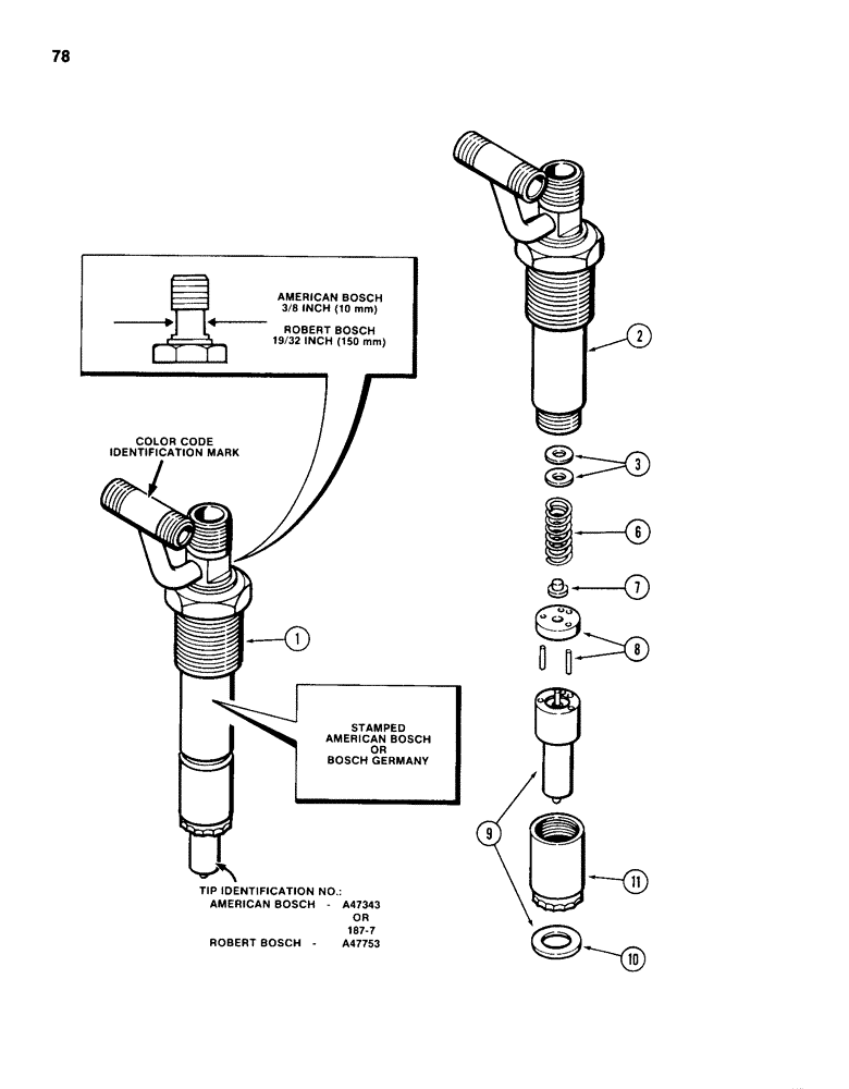 Схема запчастей Case 1150D - (078) - FUEL INJECTOR NOZZLE, 504BD AND 504BDT DIESEL ENGINES, BLUE COLOR CODE I.D. (03) - FUEL SYSTEM