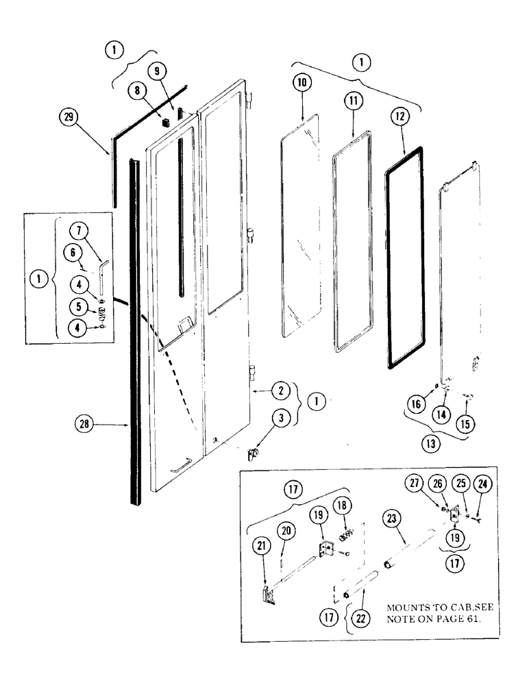 Схема запчастей Case 120 - (067) - CAB AND ATTACHING PARTS, DOOR ASSEMBLY, USED ON UNITS WITH SERIAL NO. 65521 THRU 6287228 (90) - PLATFORM, CAB, BODYWORK AND DECALS