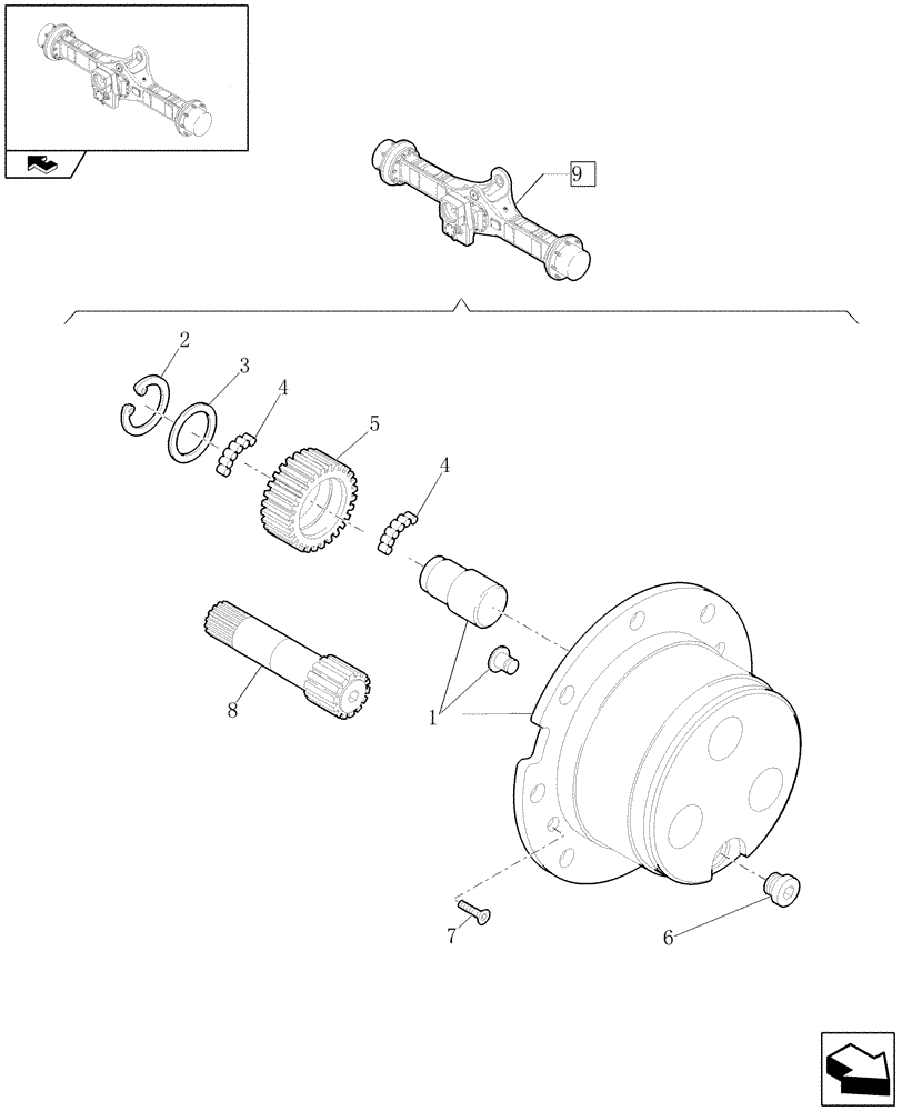 Схема запчастей Case 321E - (073/03[08]) - 20 KM/H REAR SELF-LOCKING AXLE: WHEEL HUB (05) - REAR AXLE