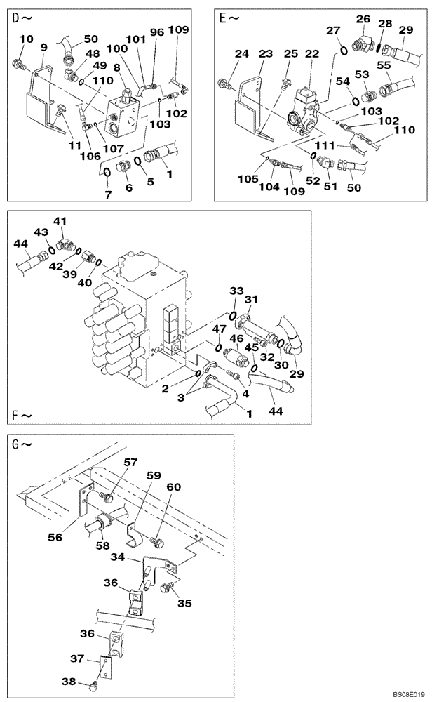 Схема запчастей Case CX350B - (08-34) - HYDRAULICS, AUXILIARY - MULTI-PURPOSE + 3 WAY VALVE, PEDAL ACTIVATED (08) - HYDRAULICS