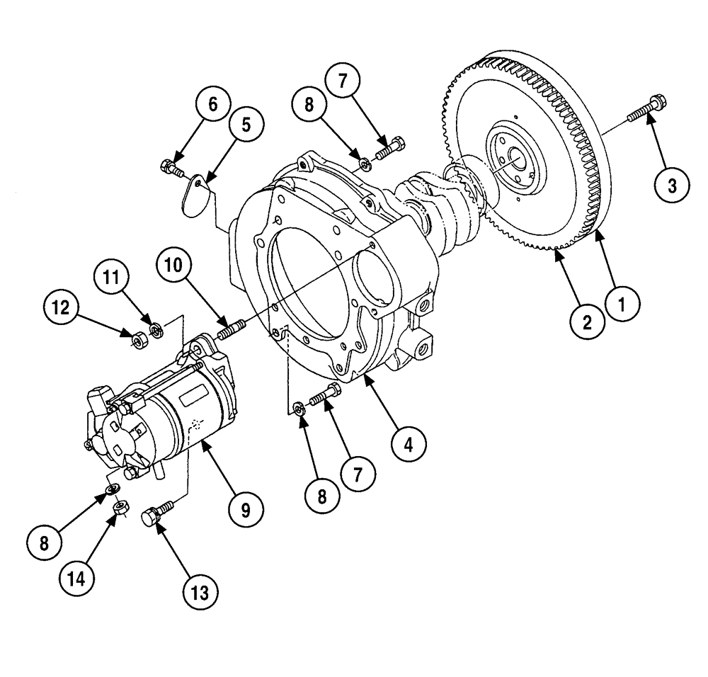 Схема запчастей Case 6010 - (02-19) - FLYWHEEL - MOUNTING, STARTER, KUBOTA V2003TE ENGINE (10) - ENGINE