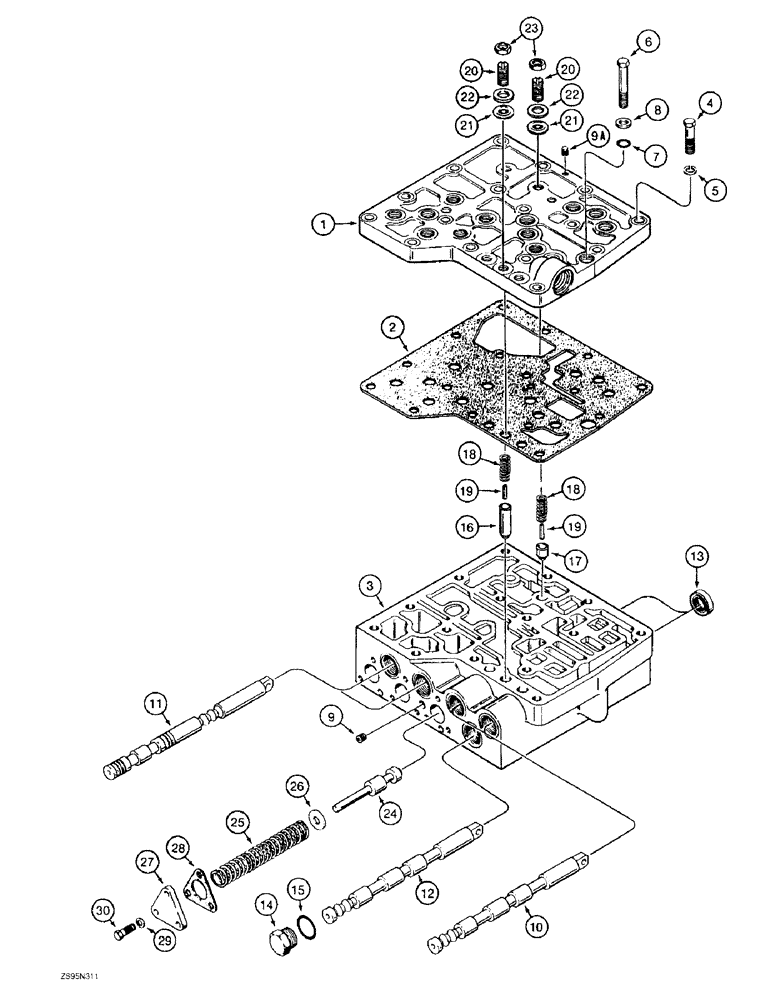 Схема запчастей Case 1150E - (6-28) - TRANSMISSION CONTROL VALVE, COVER AND BASE, HIGH-LOW AND FOR.-REV. SPOOLS, PRESSURE REGULATOR SPOOLS (06) - POWER TRAIN
