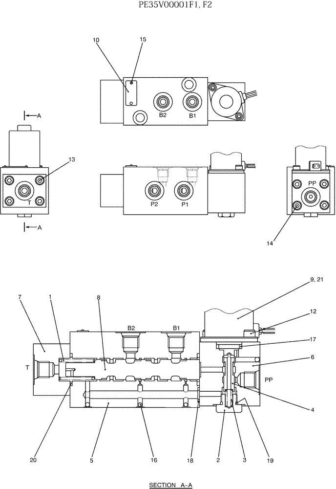 Схема запчастей Case CX27B - (07-040) - VALVE ASSY, SOLENOID P/N PE35V00001F1, F2 (35) - HYDRAULIC SYSTEMS