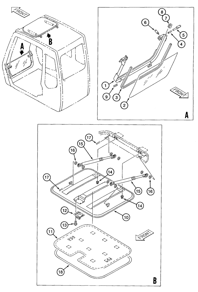Схема запчастей Case 9050B - (9-058) - CAB LOWER FRONT WINDOW AND ROOF PANEL ASSEMBLY (09) - CHASSIS